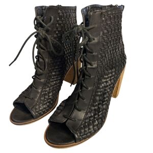 Rebels Black Woven Leather Lace Up Open Toe Bohemian Heels / Booties SZ 8